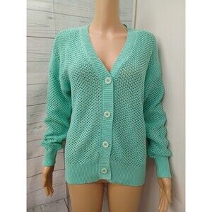 Alison Sheri Cardigan Open Knit Sweater S/P Teal Green Button Up
